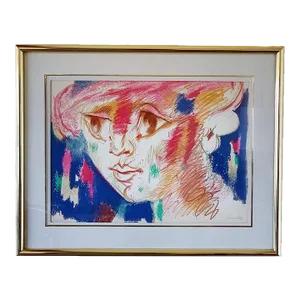 1980s "Portrait of a Woman in Bohemian Colors" Expressionist Figurative Print by Roger Somville, Framed
