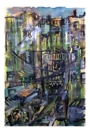 Karen Miller Mid Century Urban Cityscape Watercolor on Paper 1966