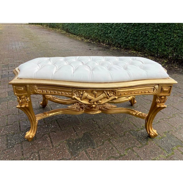 1950s French Vintage Off-White Leather Gilt Beech Bench For Sale - Image 13 of 16