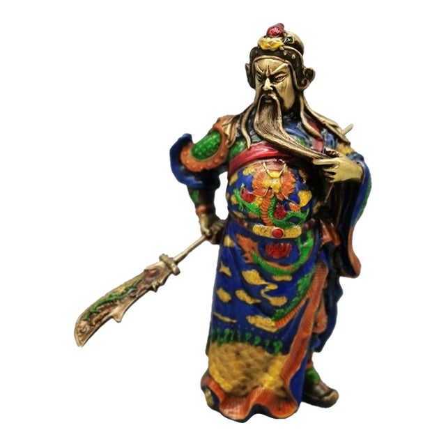 Enameled Brass Guan Gong Sculpture, Colorful Cloisonne Warrior God Figurine, Chinoiserie Tabletop Decor For Sale