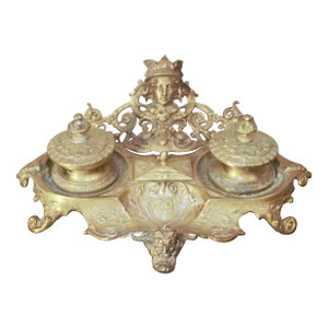 Antique French Figural Louis XV Style Figural Bronze Double Inkwell Inkstand With Pen Holder