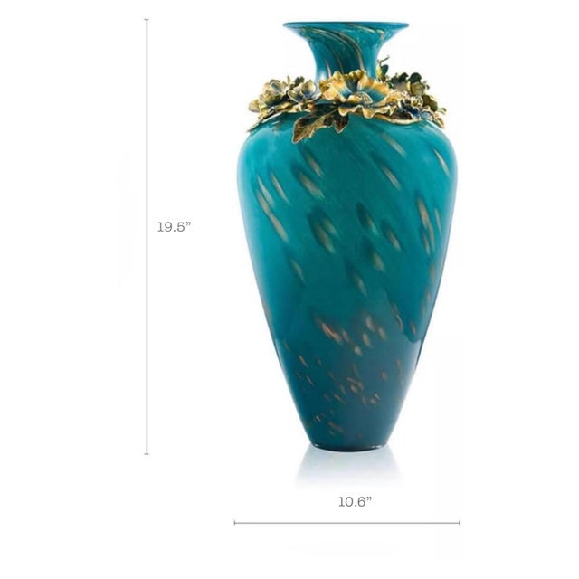 Early 21st Century Handcrafted Turquoise Enamel Vase With Gold Floral Relief & Gemstone Accents – 19.5” Luxury Art Decor (Fmury) For Sale - Image 5 of 5