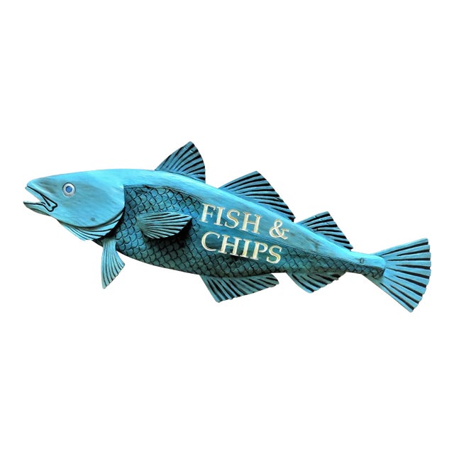 Large Hand Carved Wood Fish & Chips Sign For Sale