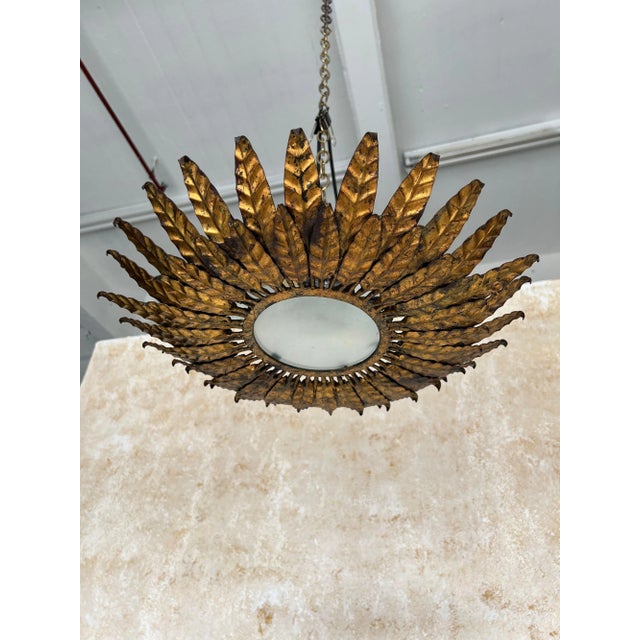 Art Nouveau Vintage Spanish Gilt Metal Sunburst Ceiling Fixture For Sale - Image 3 of 12