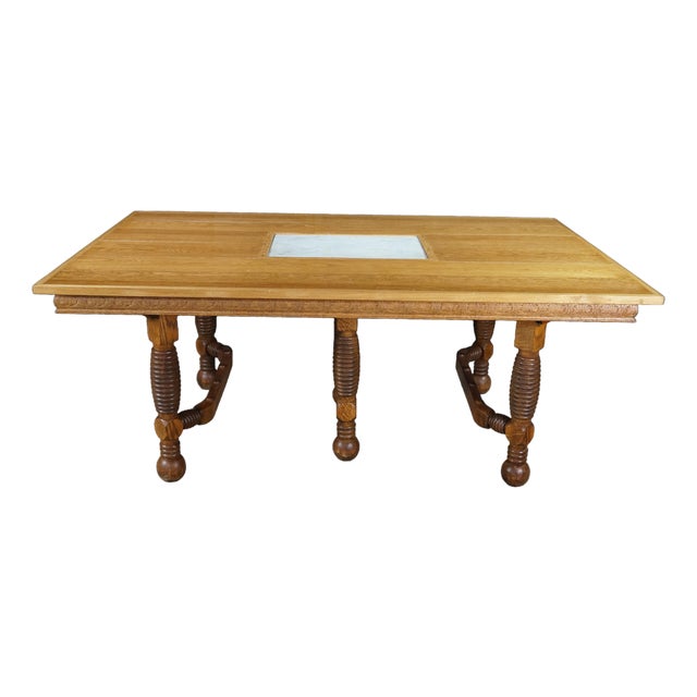 Antique American Victorian Arts & Crafts Quartersawn Oak & Marble Dining Table For Sale