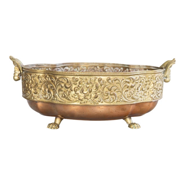 Antique English Brass & Copper Repoussé Footed Cachepot Planter With Eagle Handles For Sale
