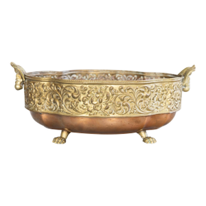 Antique English Brass & Copper Repoussé Footed Cachepot Planter With Eagle Handles