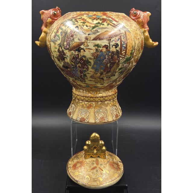 Japanese Grand 14" Jeweled Japanese Satsuma-Style Moriage Lidded Urn - Immortal Koi Handles For Sale - Image 3 of 18