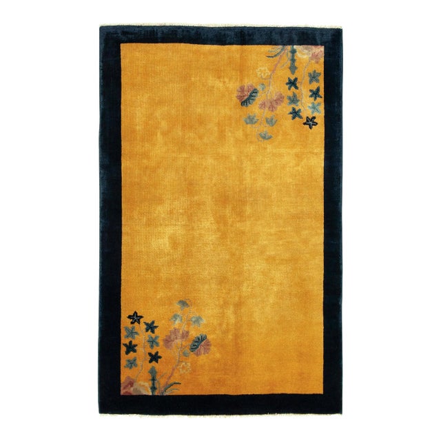 Vintage Chinese Deco Style Rug in Gold, Deep Blue Border, Pastel Floral Patterns For Sale