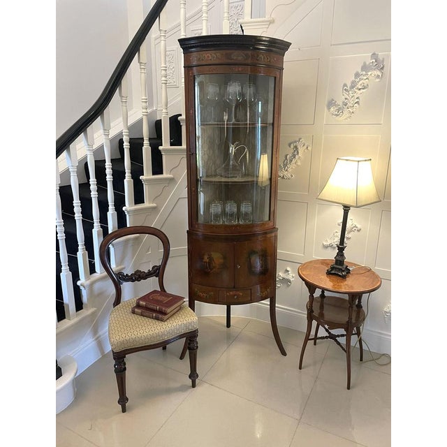 Victorian Mahogany and Painted Decorated Bow Fronted Corner Display Cabinet, 1880s For Sale - Image 3 of 17