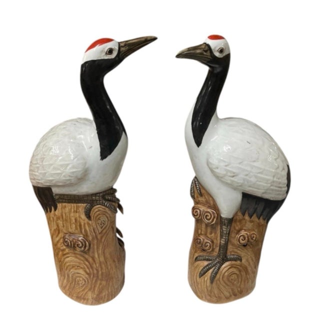 Pair of Vintage Asian Glazed Ceramic Red-Crowned Crane Statues For Sale - Image 4 of 12