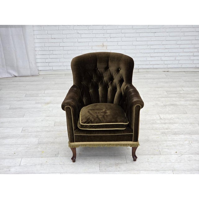 1950s, Scandinavian armchair. Green furniture velour, ash wood legs, brass springs in the seat. Original good condition:...