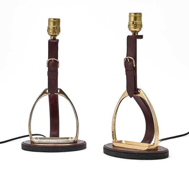 Mid 20th Century Pair of Longchamp Paris Gilt-Metal and Leather Equestrian Themed Table Lamps - Mid 20th Century For Sale - Image 5 of 5