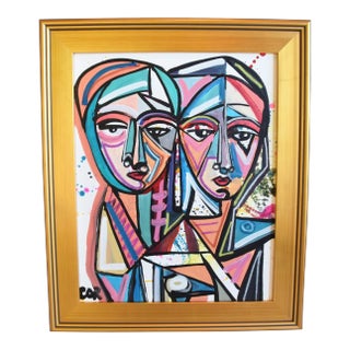 Contemporary Modern Cubism Portrait of Twins Oil Painting Including the Antiqued Gold Frame For Sale
