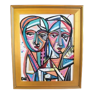 Contemporary Modern Cubism Portrait of Twins Oil Painting Including the Antiqued Gold Frame
