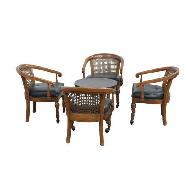 Mid-Century Modern Vintage Heritage Henredon Leather Club Chairs With Round Accent Table Set of 5 For Sale - Image 3 of 8