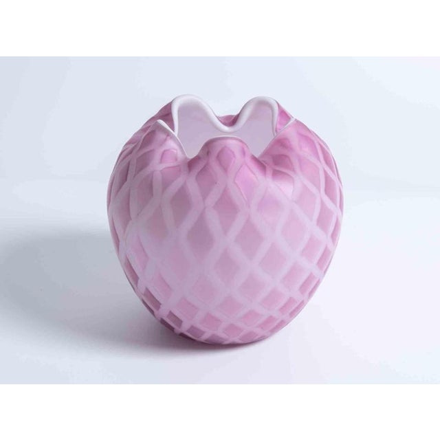 Pair of Murano glass vases with a pink background and geometric milk glass decoration. Vamsa manufacture, 1920s. Excellent...