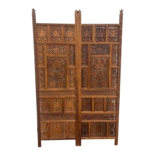 Vintage Hand Carved Two Panel Teak Room Divider Folding Screen For Sale