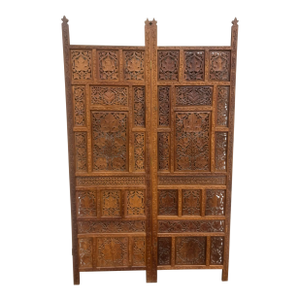 Vintage Hand Carved Two Panel Teak Room Divider Folding Screen