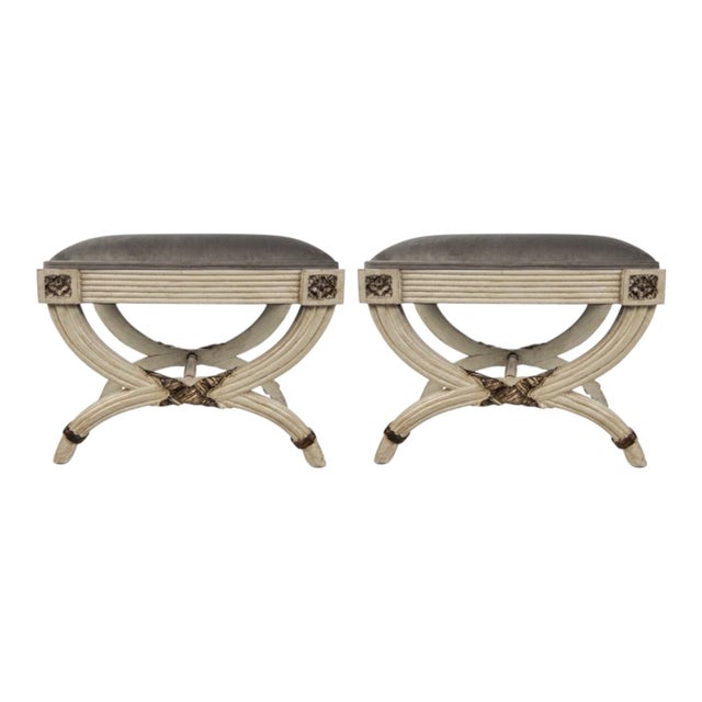 Ivory Neo-Classical Gustavian Style Painted Curule Stools / Ottomans in Velvet - Pair For Sale - Image 8 of 9