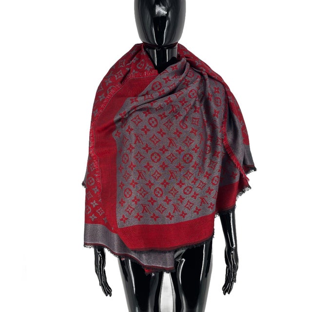 Louis Vuitton Red Reversible Silk Wool Scarf | Chairish