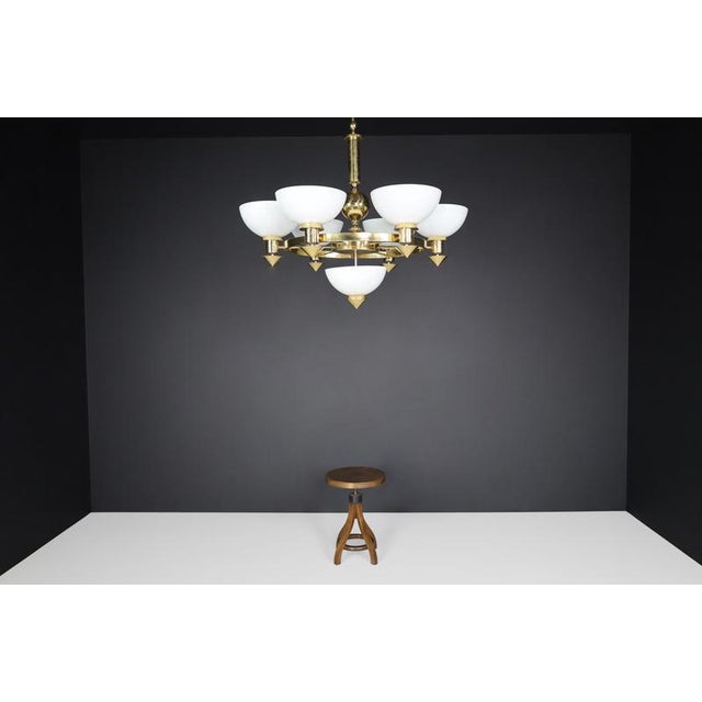 Sculptural Italian Chandelier in Brass & Opaline Glass, 1970s For Sale - Image 12 of 16