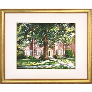 Gouache Painting of a Brick Home by Greeson For Sale