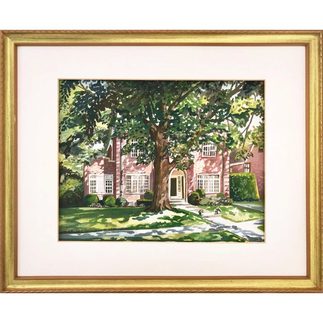 Gouache Painting of a Brick Home by Greeson For Sale