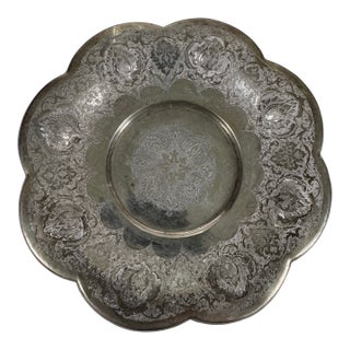 Vintage Persian Isfahan 84 Silver Hand-Chased Floral Footed Dish For Sale