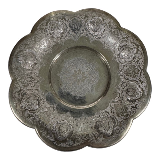 Vintage Persian Isfahan 84 Silver Hand-Chased Floral Footed Dish For Sale