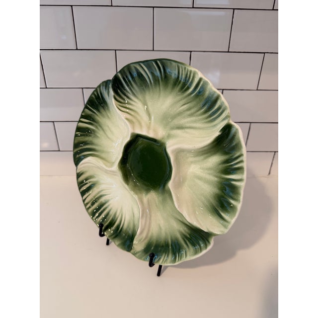 This vintage Mid-Century Modern "cabbageware" or "lettuceware" serving tray and features a vibrant green and cream glaze....