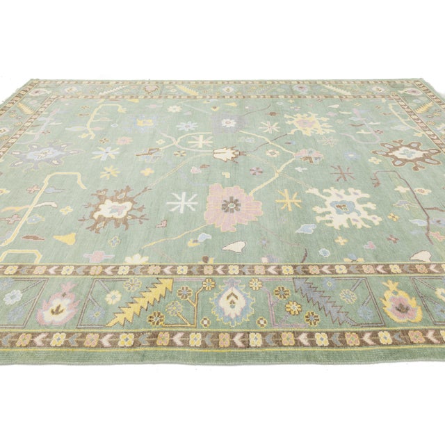 Textile Modern Sage Green Oushak Style Wool Area Rug With Pastel Geometric Floral Accent For Sale - Image 7 of 12