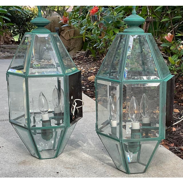 Metal Pair of Vintage Solid Brass Wall Lanterns – Large Beveled Glass Sconces For Sale - Image 7 of 17