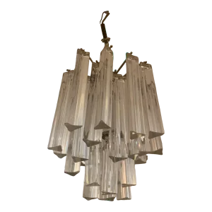 Mid Century Modern Chandelier With Crystal Hanging Columns Prisms