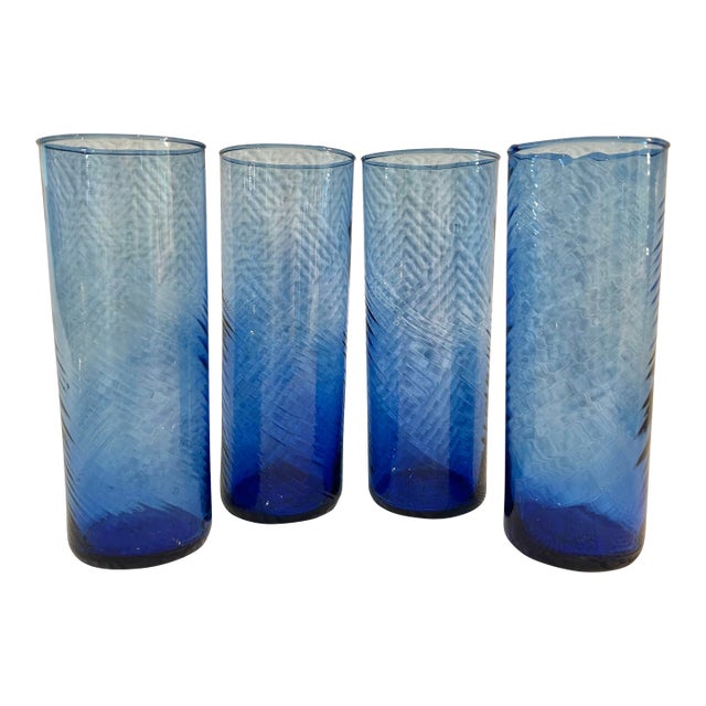 Vintage Hand-Blown Cobalt Blue Swirl Highball Glasses – Set of 4 For Sale