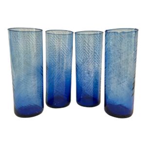 Vintage Hand-Blown Cobalt Blue Swirl Highball Glasses – Set of 4
