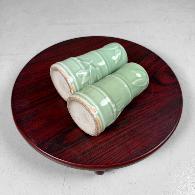 Ceramic Small Vintage Japanese Celadon Ikebana Vases with Bamboo Relief, 1940s, Set of 2 For Sale - Image 7 of 9