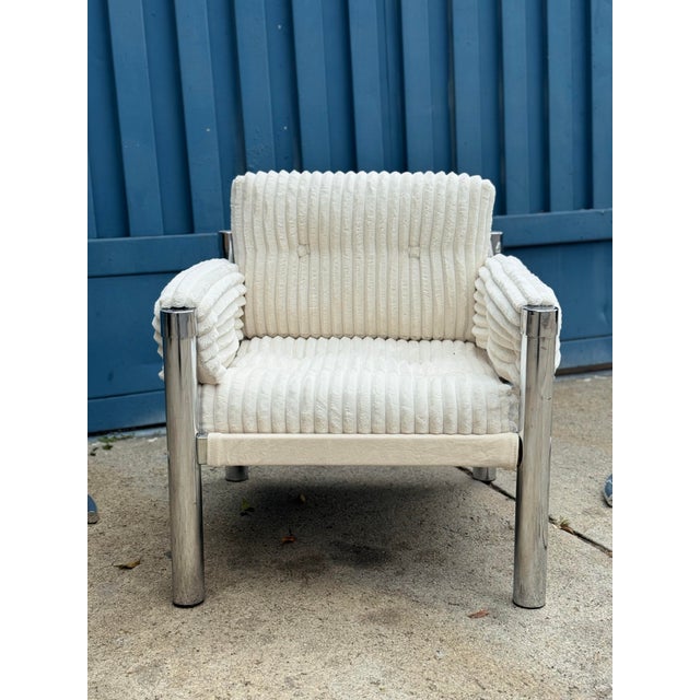 1970s Vintage Modern Chrome & Cream Corduroy Lounge Chair by James David Inc For Sale - Image 4 of 7