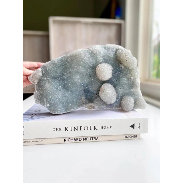 Contemporary Natural Blue Quartz Cluster Bubble Botryoidal Formations Gray Blue Druzy Cluster Blue Amethyst Display Piece Collector Piece Statement Piece Natural For Sale - Image 3 of 10
