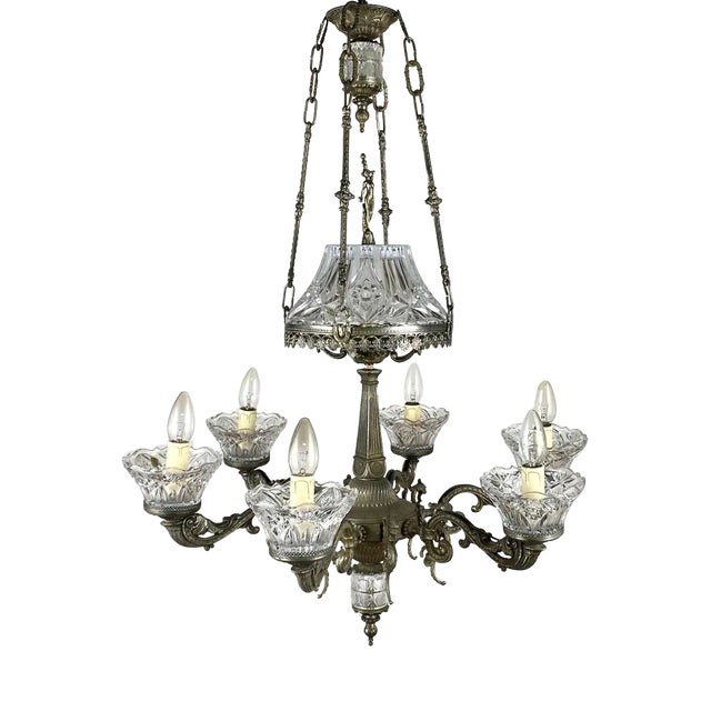 Vintage French Crystal and Brass 6-Horn Chandelier, 1950s For Sale