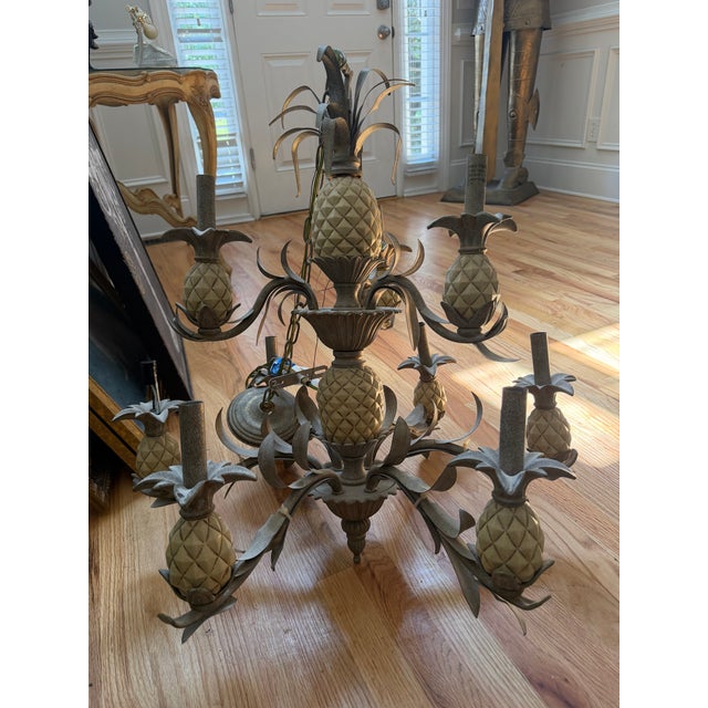 Vintage Hollywood Regency 28" 9-Light Pineapple Tole Chandelier For Sale In Atlanta - Image 6 of 7