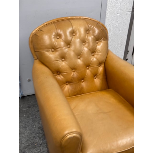 Camel Crate & Barrel Rollins Camel Leather Button-Tufted Chair + Ottoman For Sale - Image 8 of 12