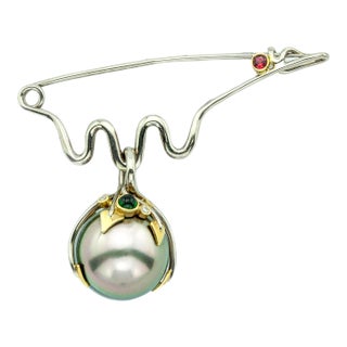 Vintage Patrick Jelk 18k South Sea Gray Pearl Diamond Tourmaline Brooch For Sale
