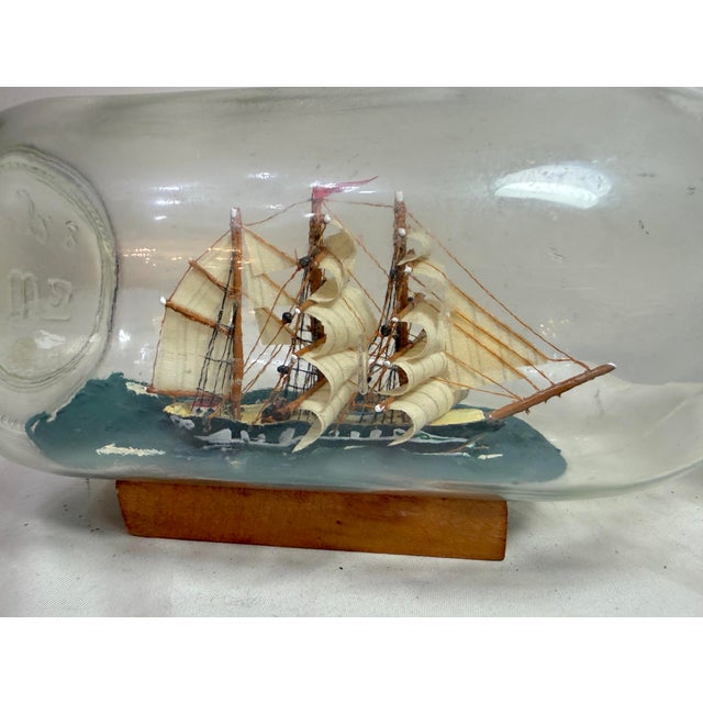 1960s Vintage Handmade Nautical Wood Sail Ship Boat in Glass Bottle Model Sculpture For Sale - Image 5 of 14