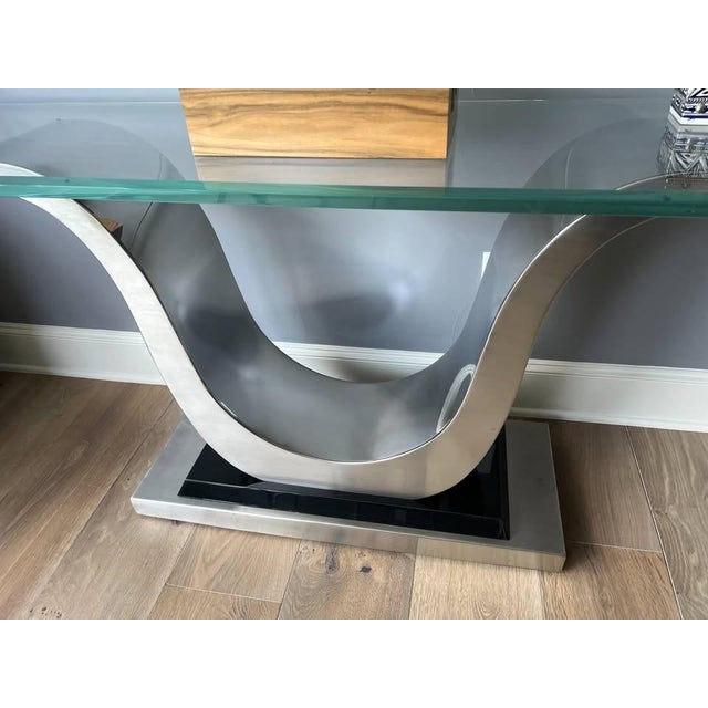 Contemporary Elite Modern Glass Console Table With Stainless Steel Ribbon Pedestal For Sale - Image 3 of 5