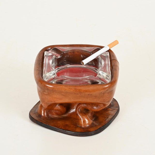 Bent Leather and Crystal Ashtray by Jacques Adnet, Italy, 1950s For Sale - Image 3 of 12