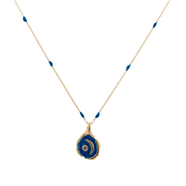 Blue Tourmaline Stone Blue Moon Gold & Enamel Chain Necklace For Sale - Image 8 of 8
