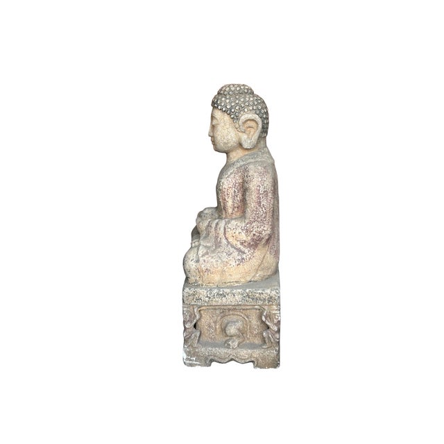 Chinese Distressed Brown Gray Stone Sitting Meditation Buddha Statue For Sale - Image 14 of 17