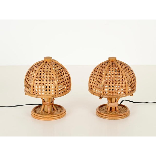 Round Table Lamps in Bamboo, Rattan and Vienna Straw, Italy 1960, Set of 2 For Sale - Image 6 of 13