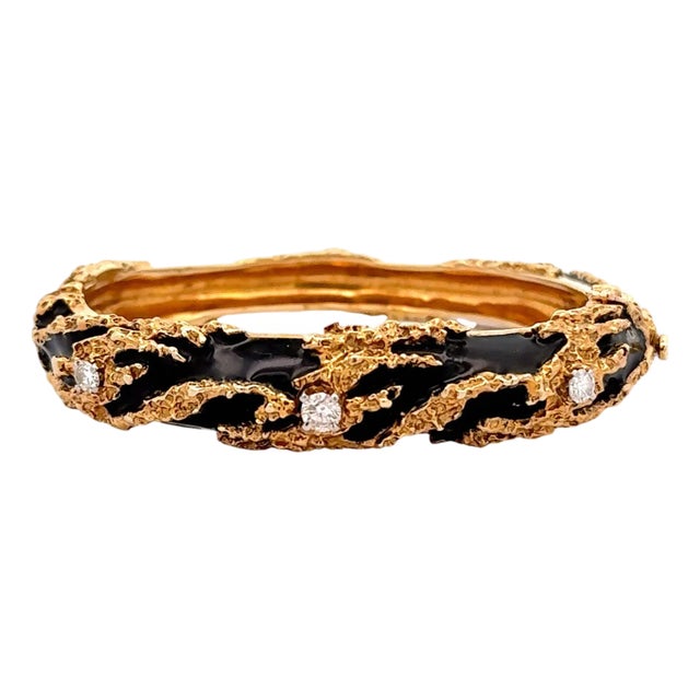 Diamond Enamel 14k Yellow Gold Cuff Bracelet For Sale